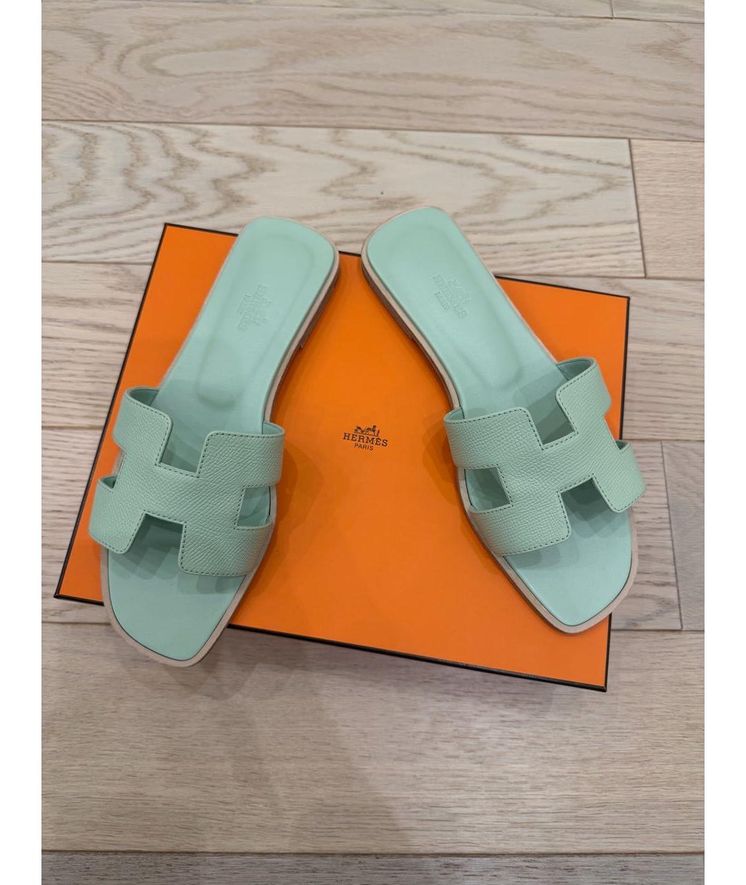 HERMES Бирюзовые кожаные шлепанцы, фото 2