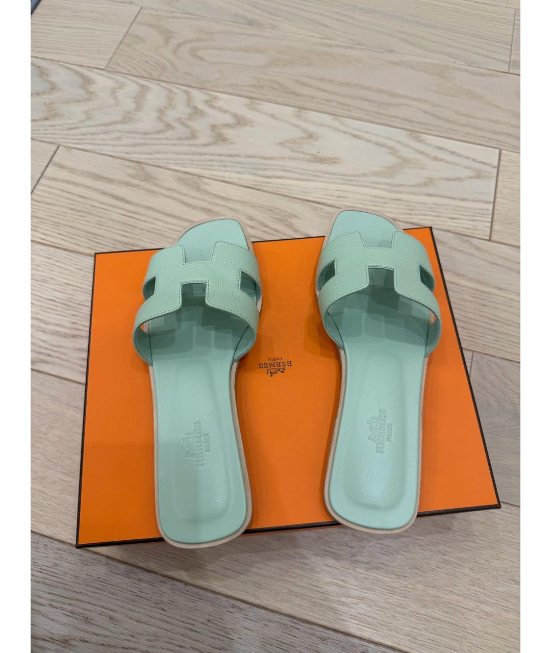 HERMES Бирюзовые кожаные шлепанцы, фото 3