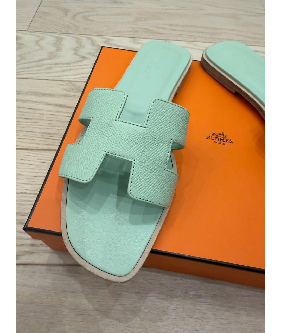 HERMES Бирюзовые кожаные шлепанцы, фото 4