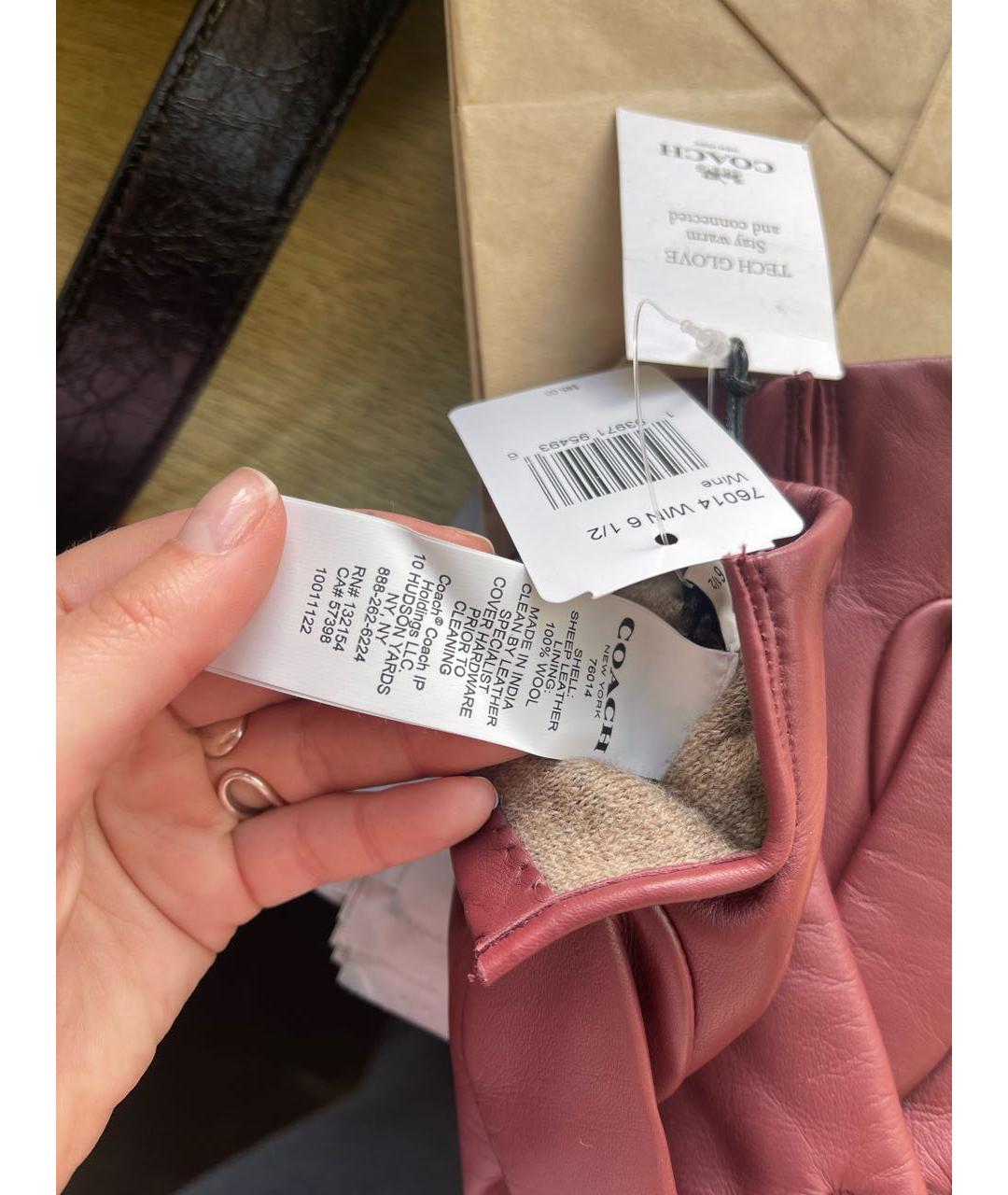 COACH Бордовые кожаные перчатки, фото 4