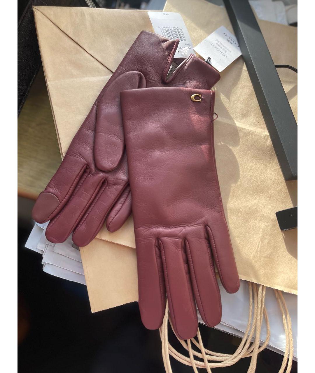 COACH Бордовые кожаные перчатки, фото 2