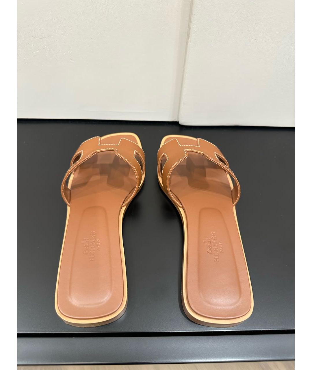 HERMES Коричневые кожаные шлепанцы, фото 3