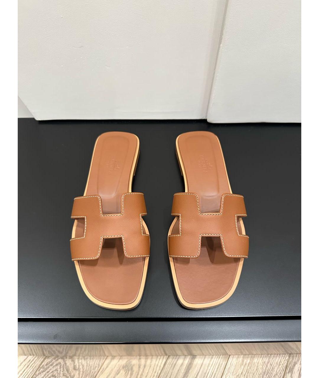 HERMES Коричневые кожаные шлепанцы, фото 2