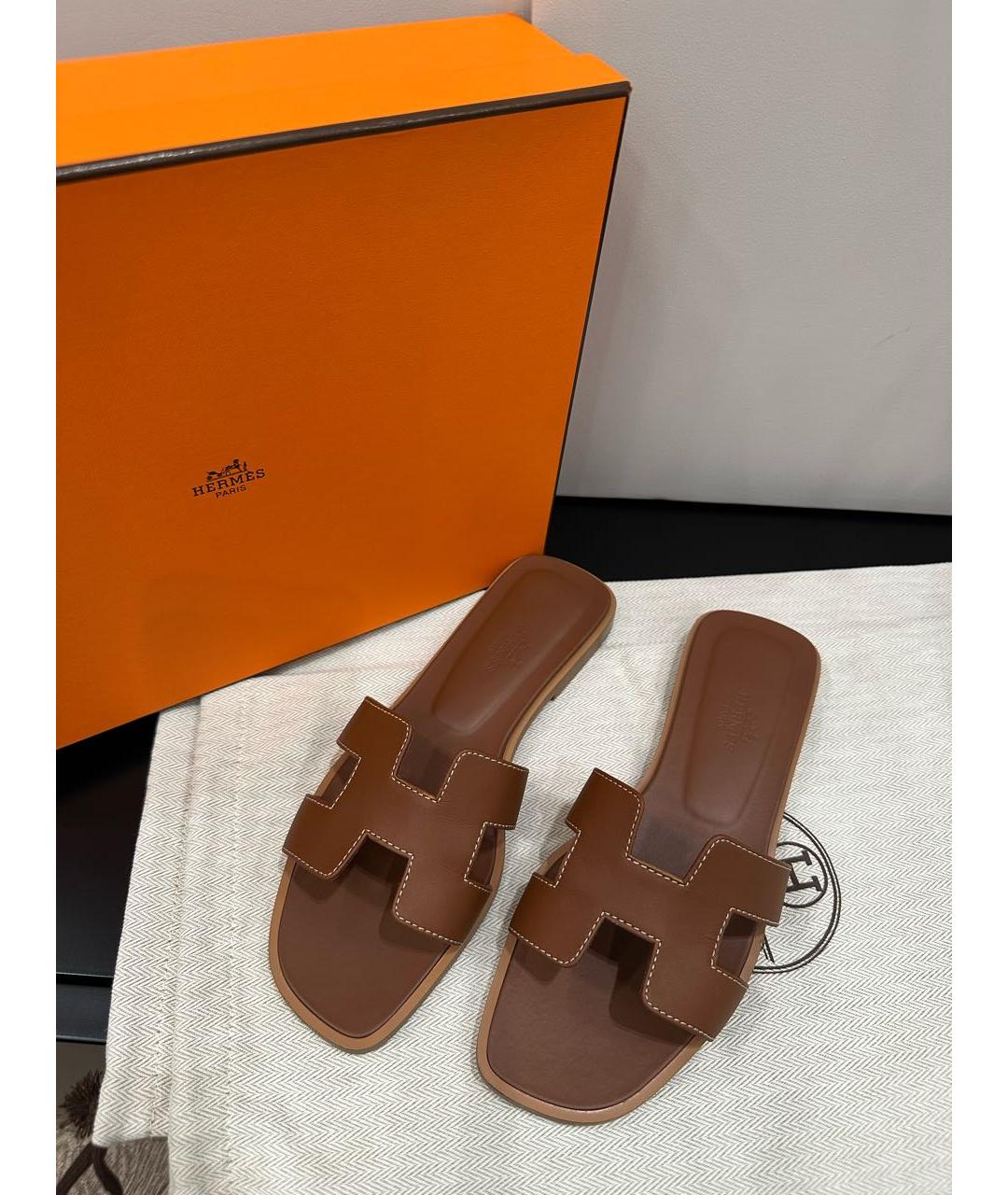 HERMES Коричневые кожаные шлепанцы, фото 8