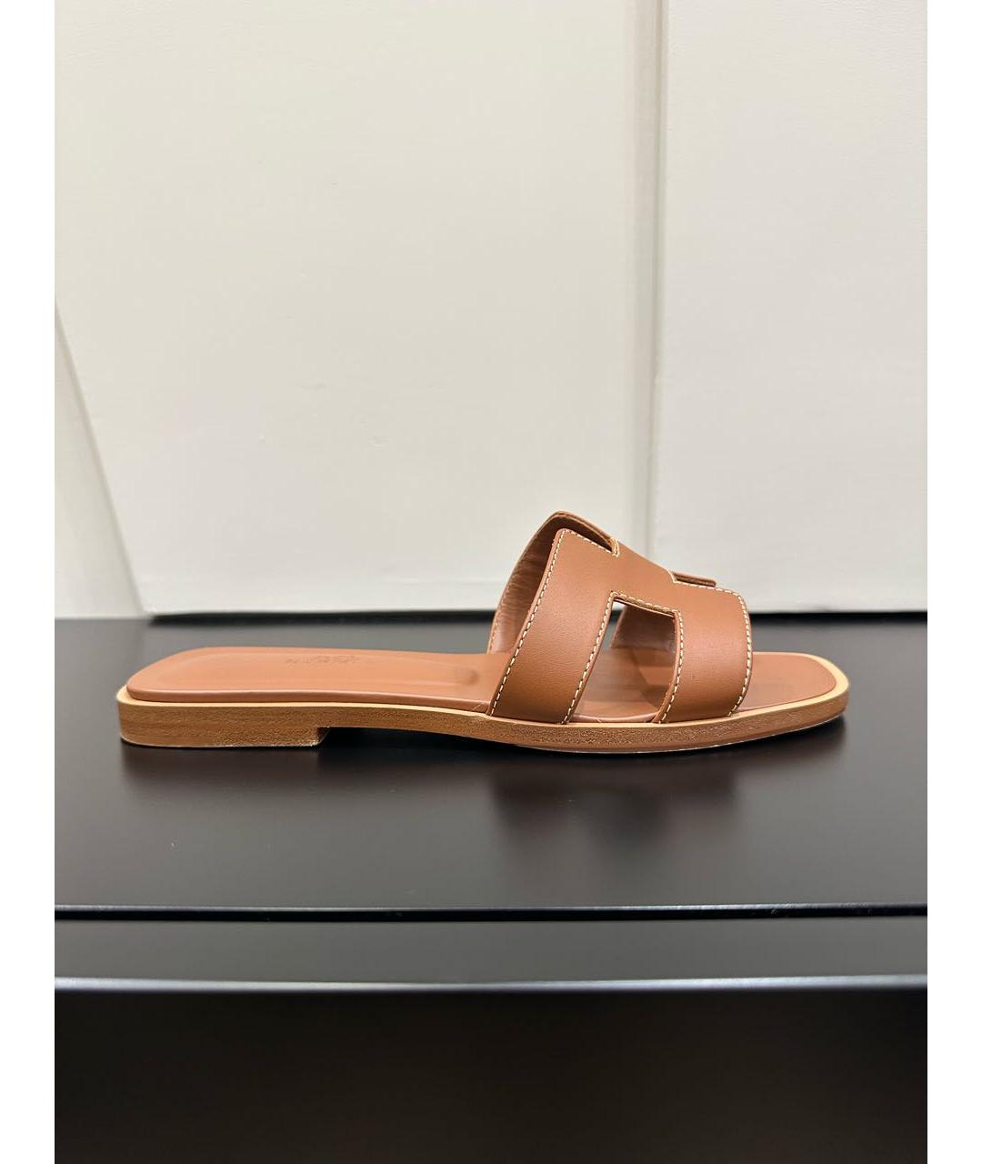 HERMES Коричневые кожаные шлепанцы, фото 9