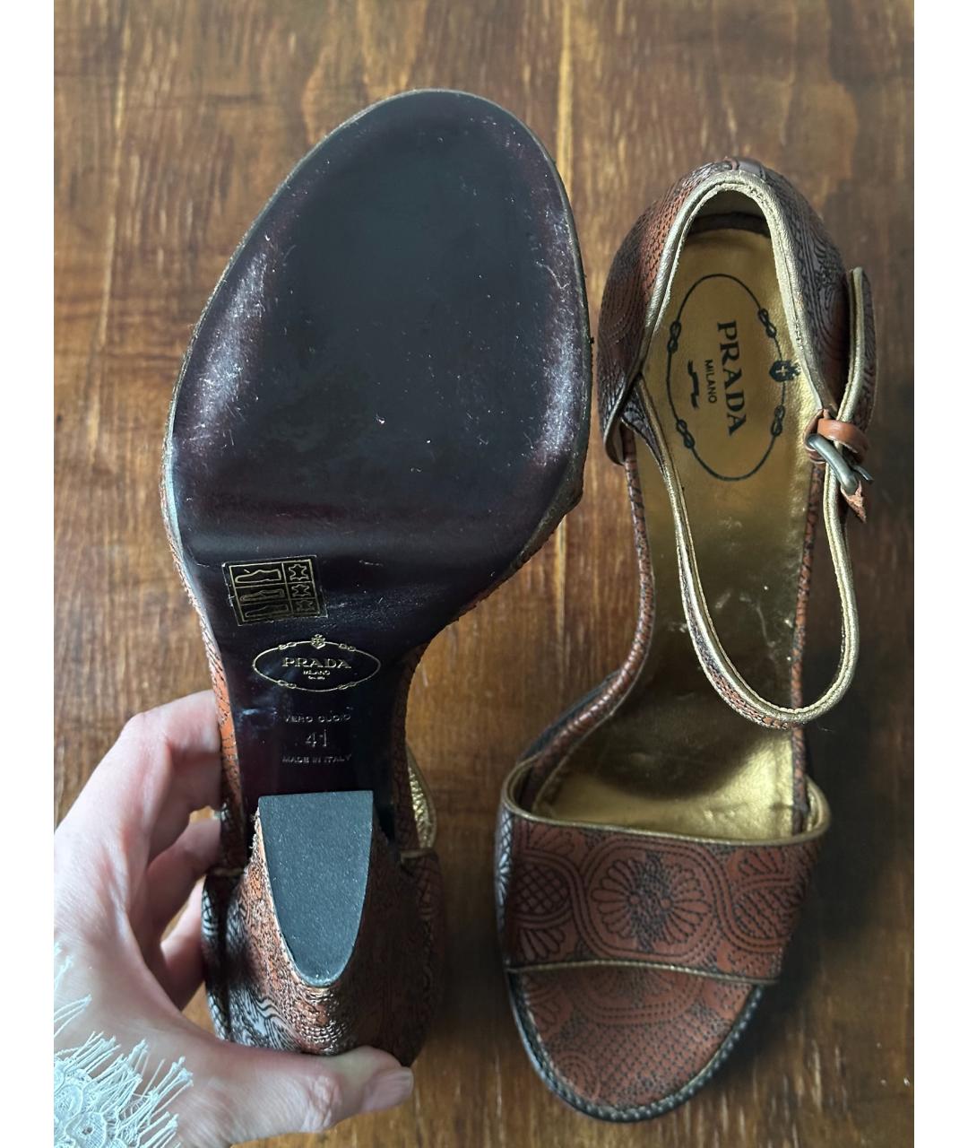 PRADA Коричневые кожаные босоножки, фото 5