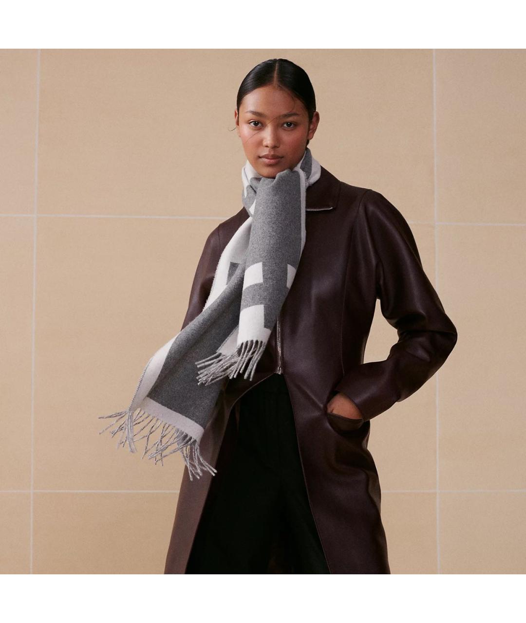 HERMES Серый кашемировый шарф, фото 2