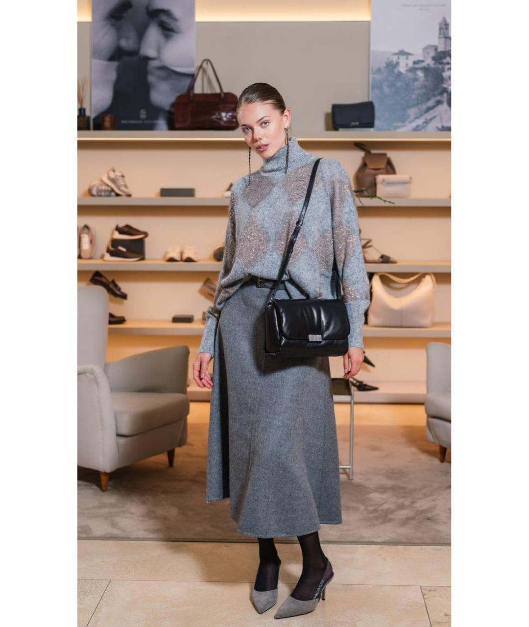 BRUNELLO CUCINELLI Серая шерстяная юбка миди, фото 7
