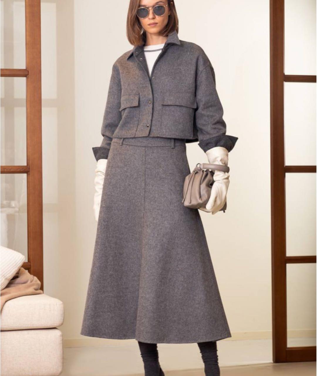 BRUNELLO CUCINELLI Серая шерстяная юбка миди, фото 8