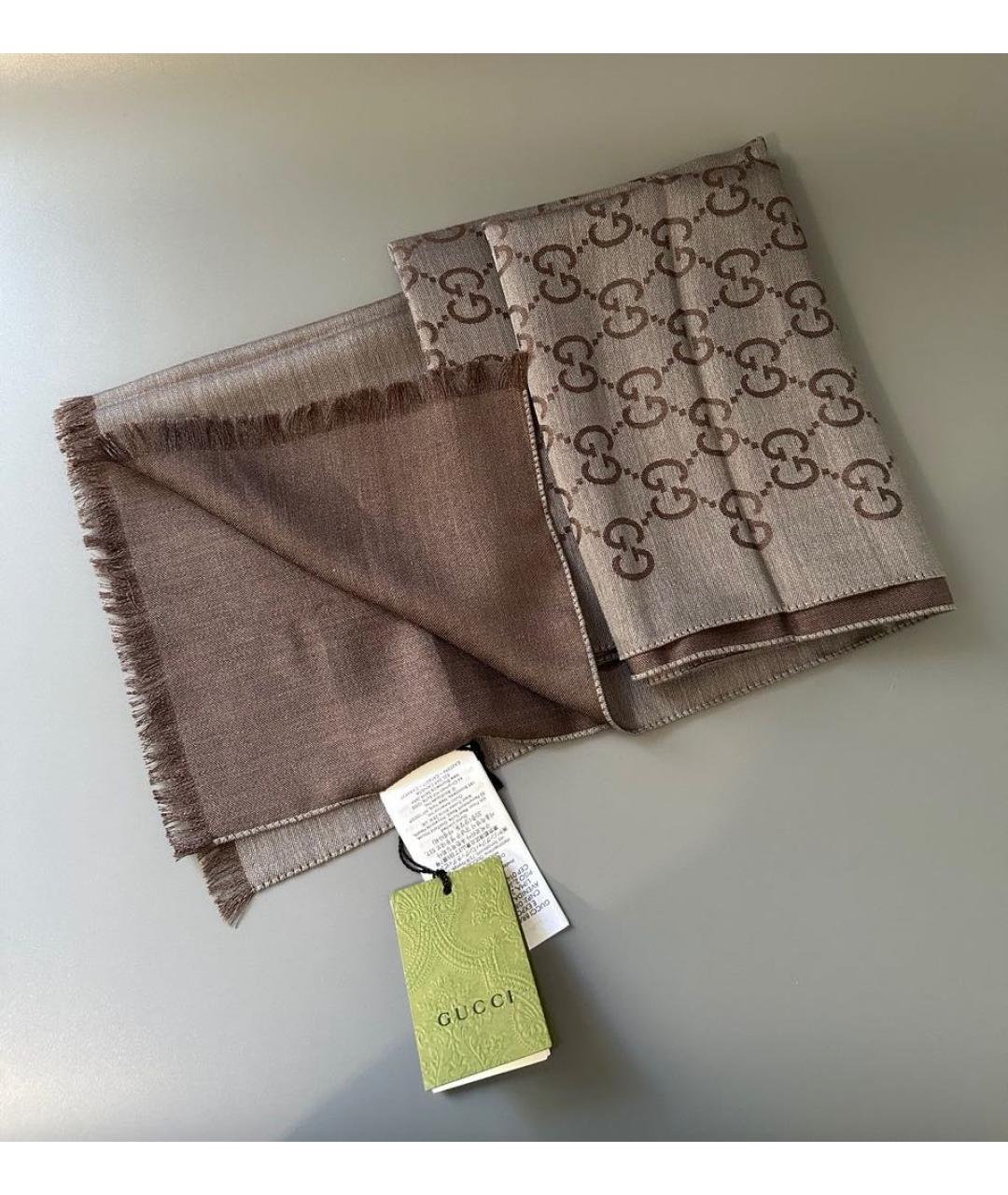 GUCCI Коричневый шерстяной шарф, фото 2