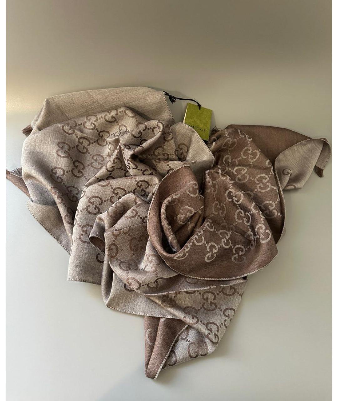 GUCCI Коричневый шерстяной шарф, фото 6