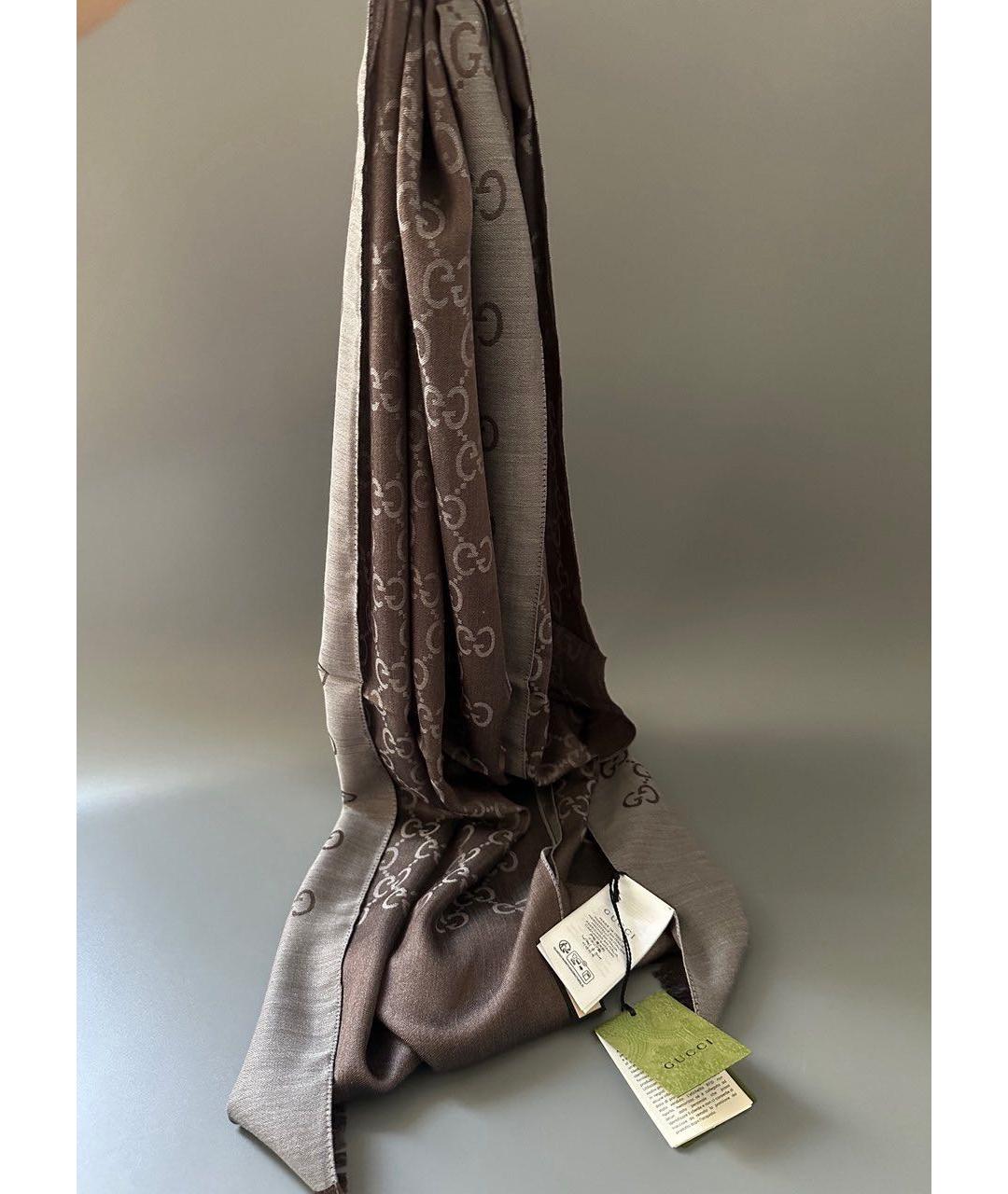 GUCCI Коричневый шерстяной шарф, фото 3