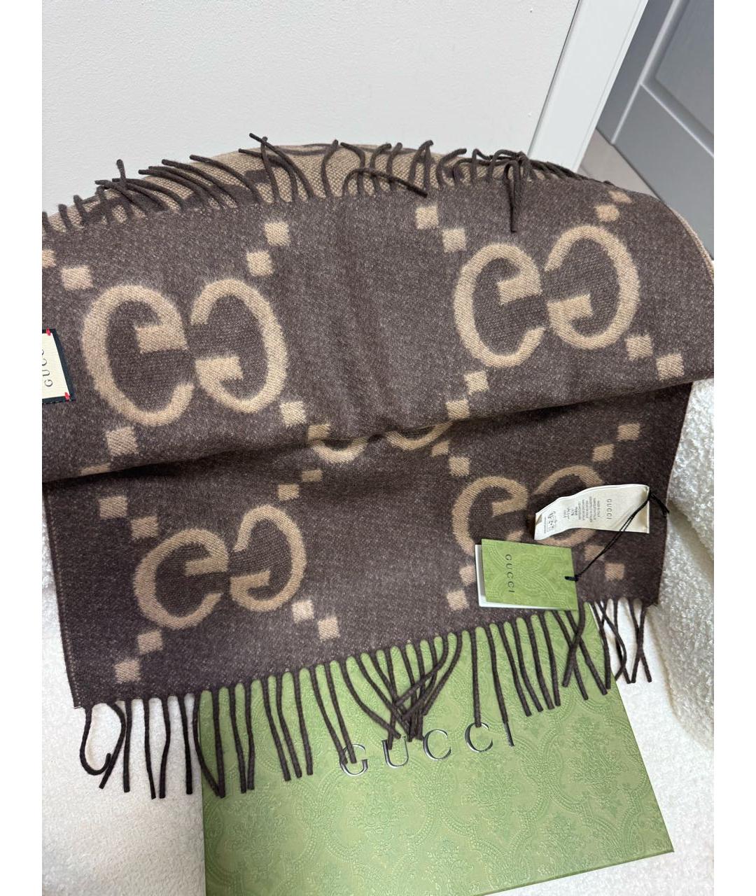 GUCCI Коричневый кашемировый шарф, фото 5