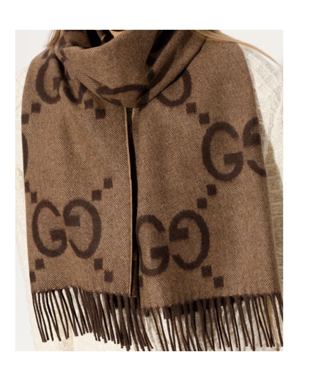GUCCI Коричневый кашемировый шарф, фото 7