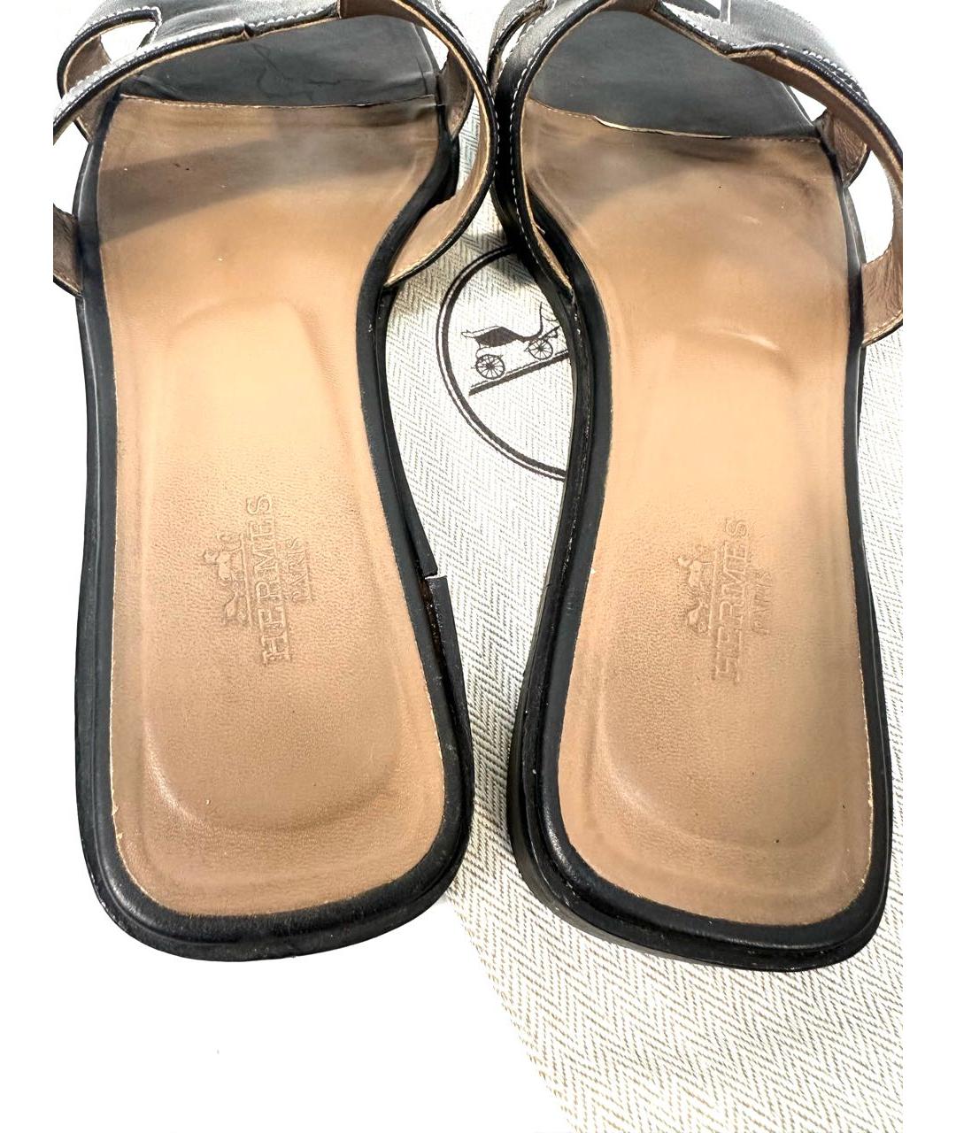 HERMES Черные кожаные шлепанцы, фото 4