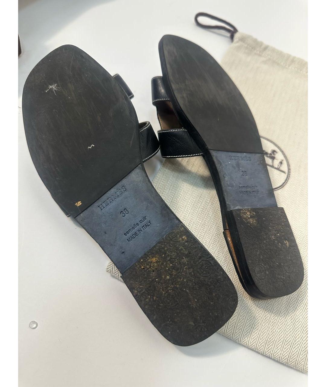 HERMES Черные кожаные шлепанцы, фото 8