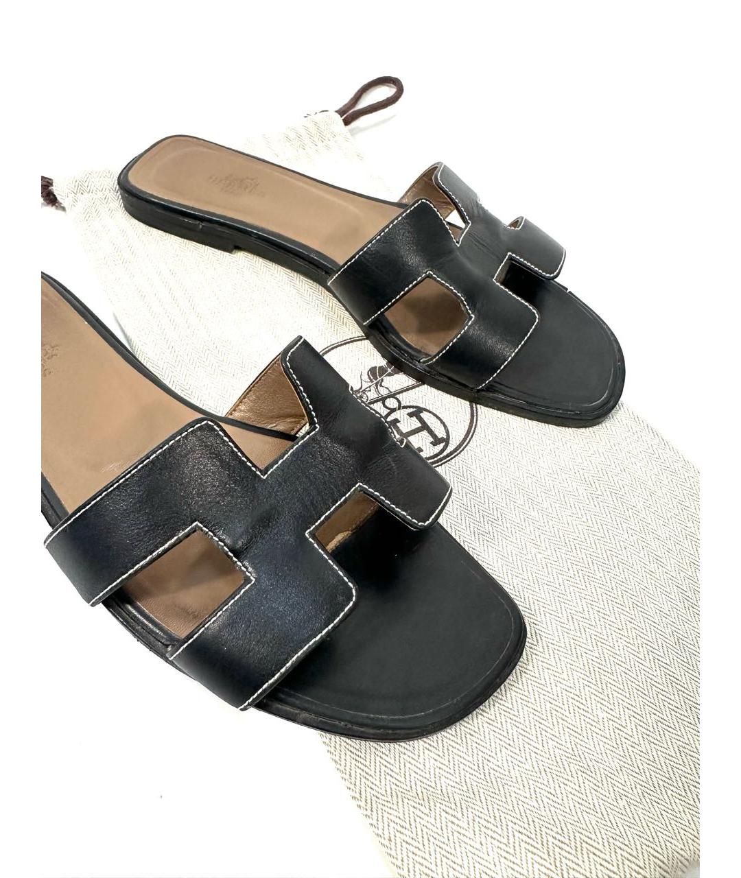 HERMES Черные кожаные шлепанцы, фото 5