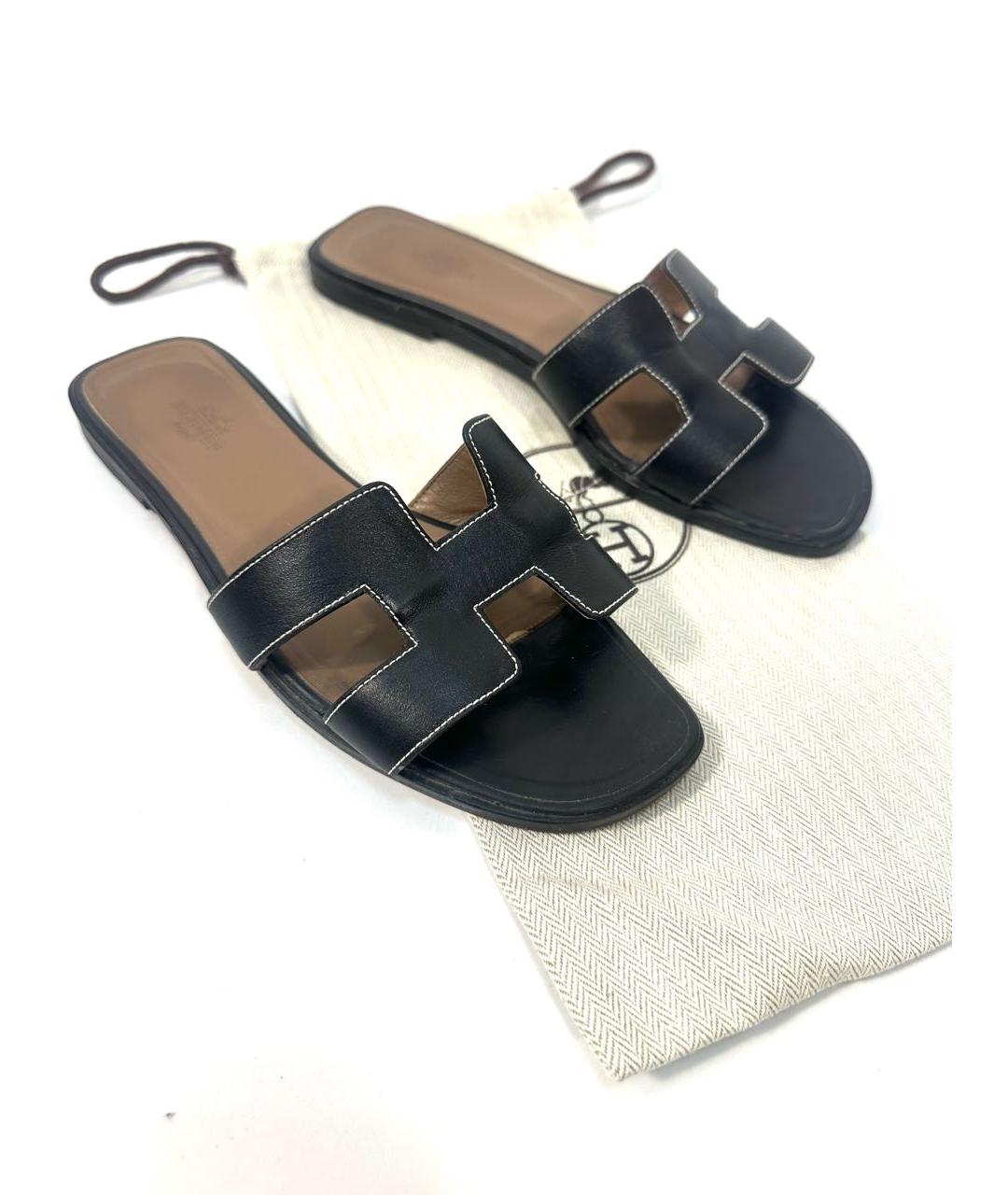 HERMES Черные кожаные шлепанцы, фото 6