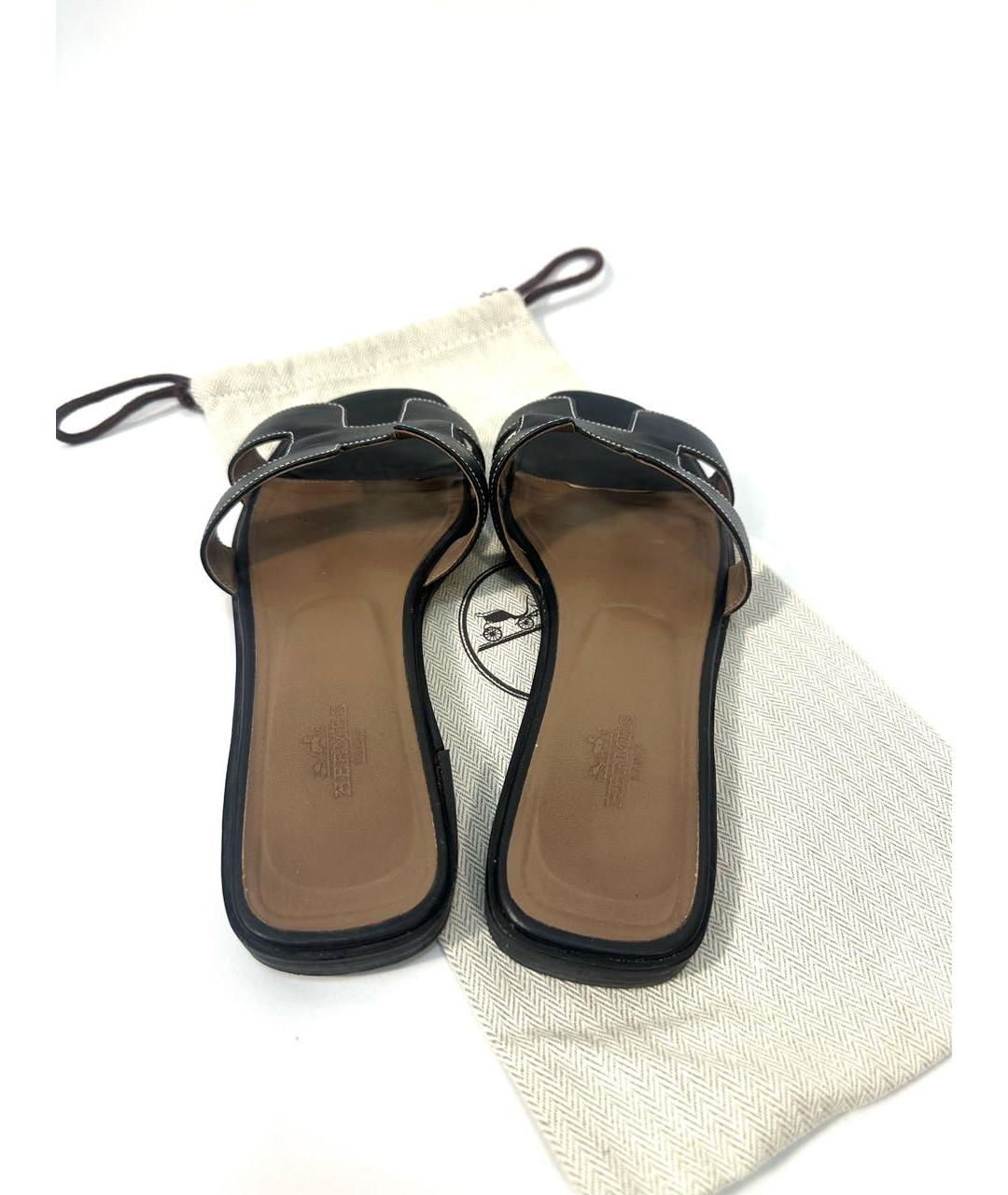 HERMES Черные кожаные шлепанцы, фото 3