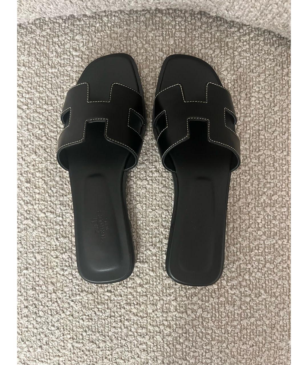 HERMES Черные кожаные шлепанцы, фото 3