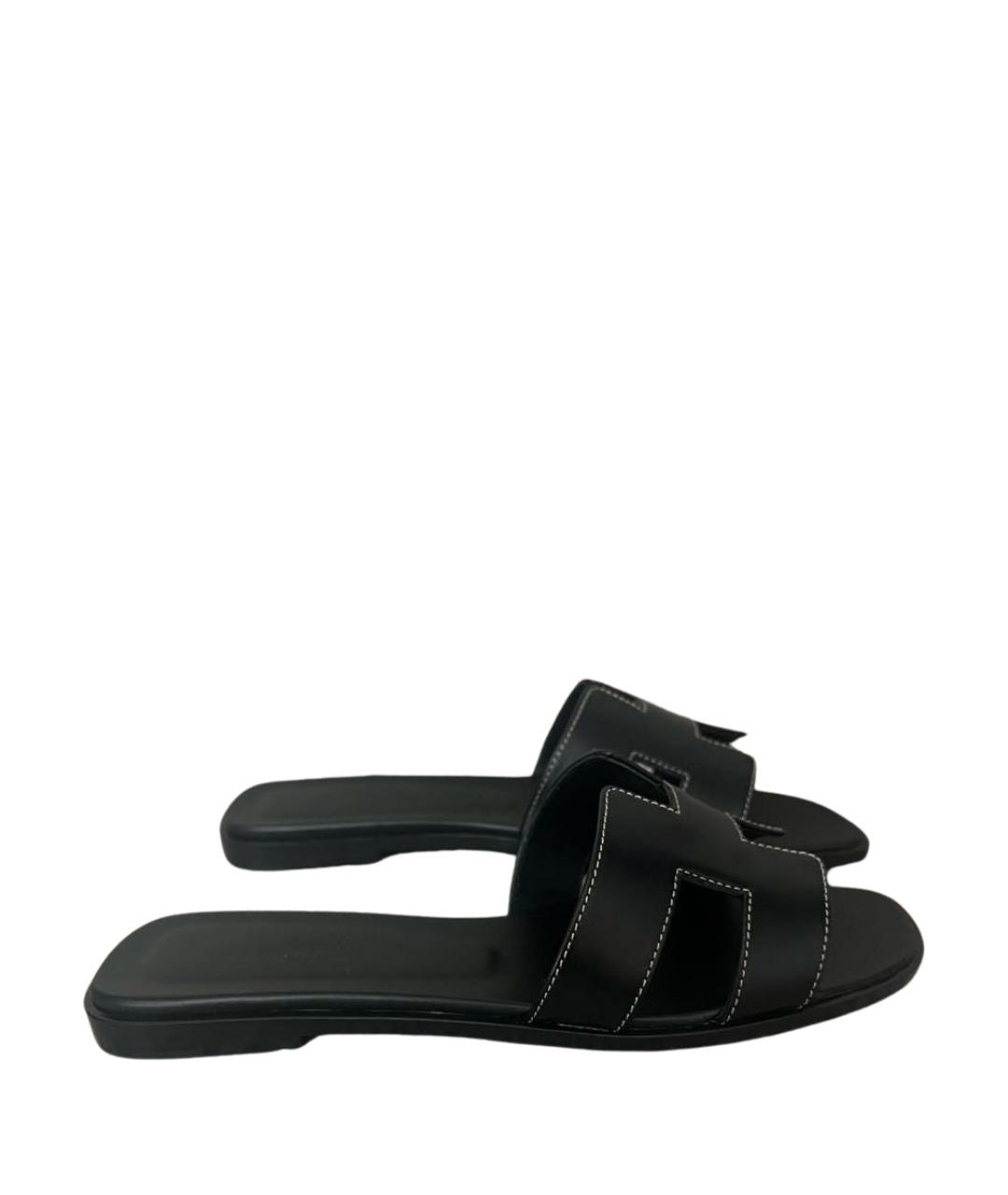 HERMES Черные кожаные шлепанцы, фото 1