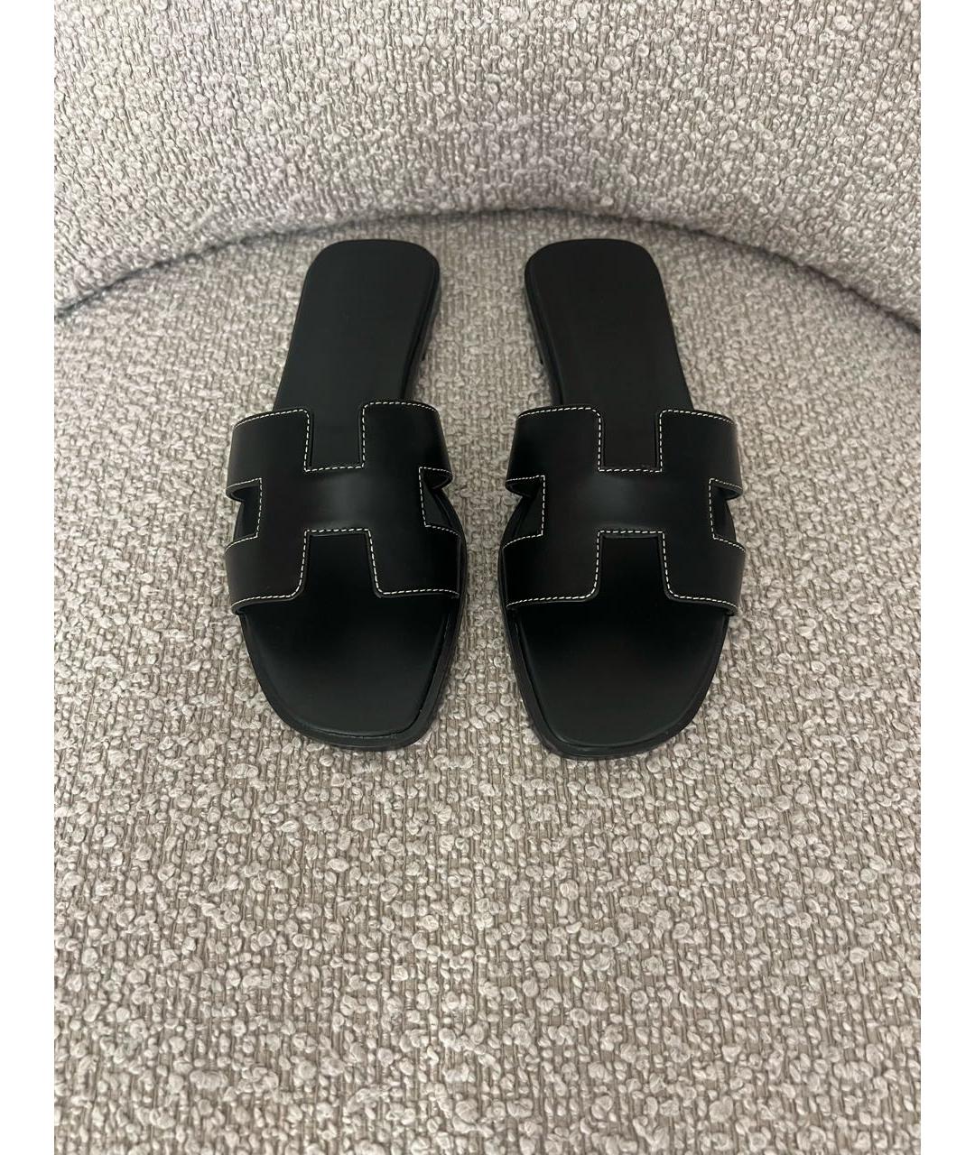 HERMES Черные кожаные шлепанцы, фото 2