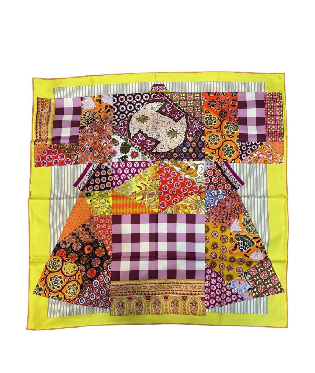 HERMES Желтый шелковый платок, фото 1