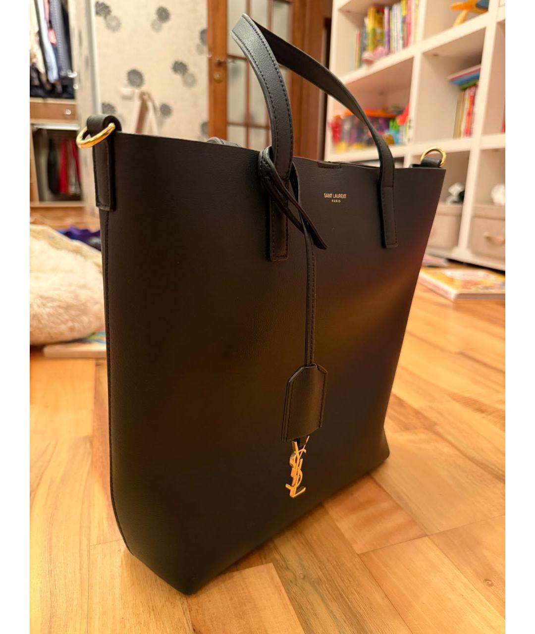 SAINT LAURENT Черная кожаная сумка тоут, фото 2