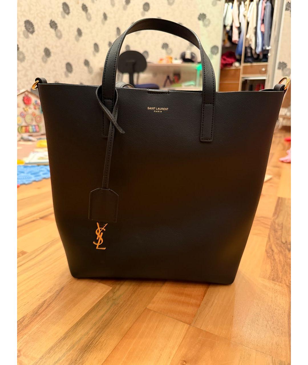 SAINT LAURENT Черная кожаная сумка тоут, фото 9