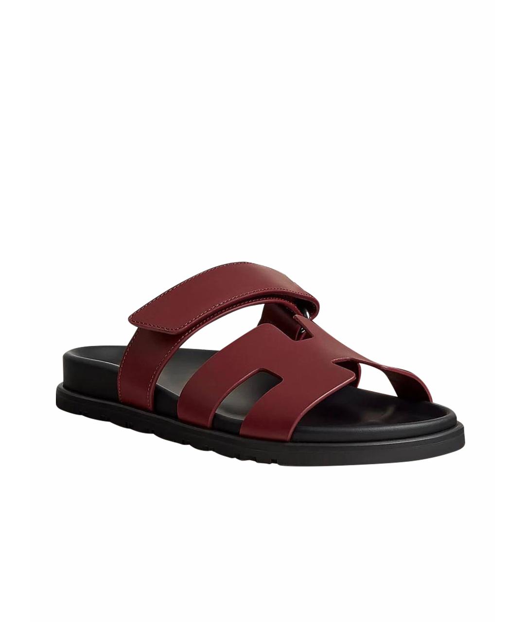 HERMES Бордовые кожаные шлепанцы, фото 1