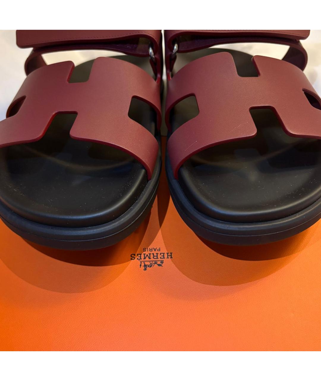 HERMES Бордовые кожаные шлепанцы, фото 6