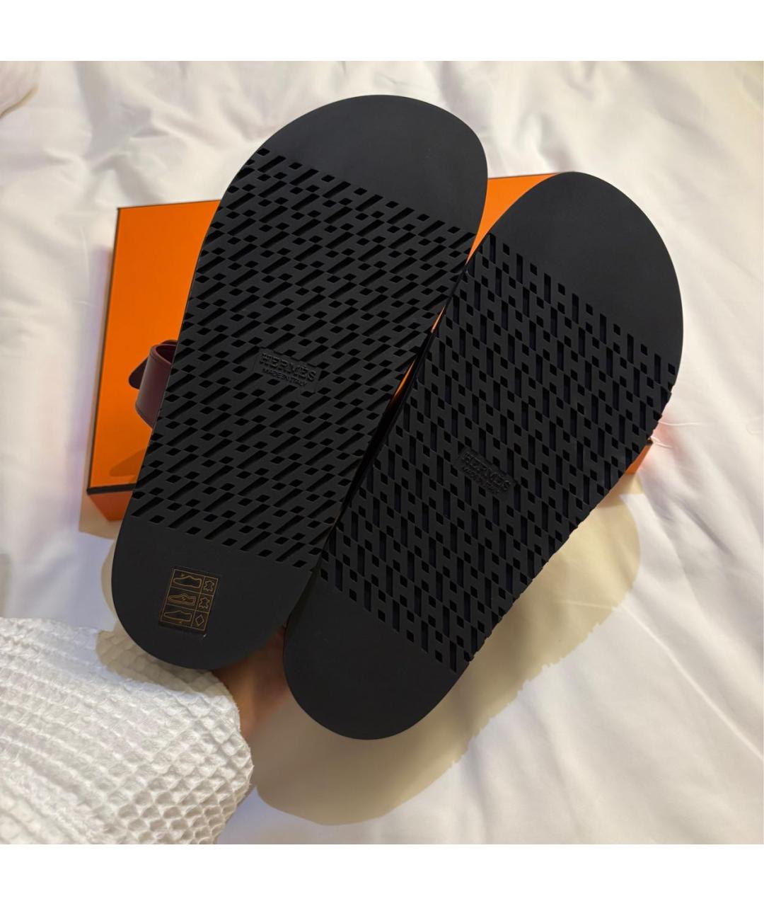 HERMES Бордовые кожаные шлепанцы, фото 5