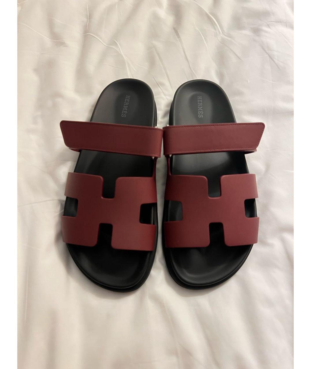 HERMES Бордовые кожаные шлепанцы, фото 2