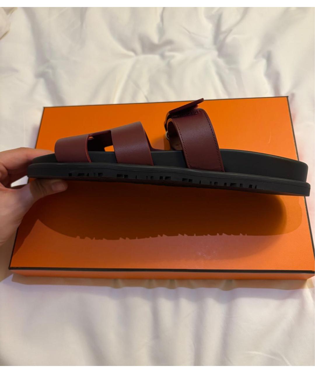HERMES Бордовые кожаные шлепанцы, фото 4