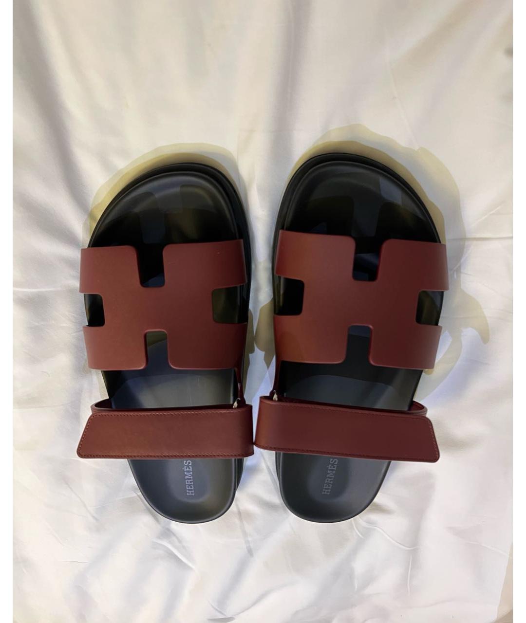 HERMES Бордовые кожаные шлепанцы, фото 3