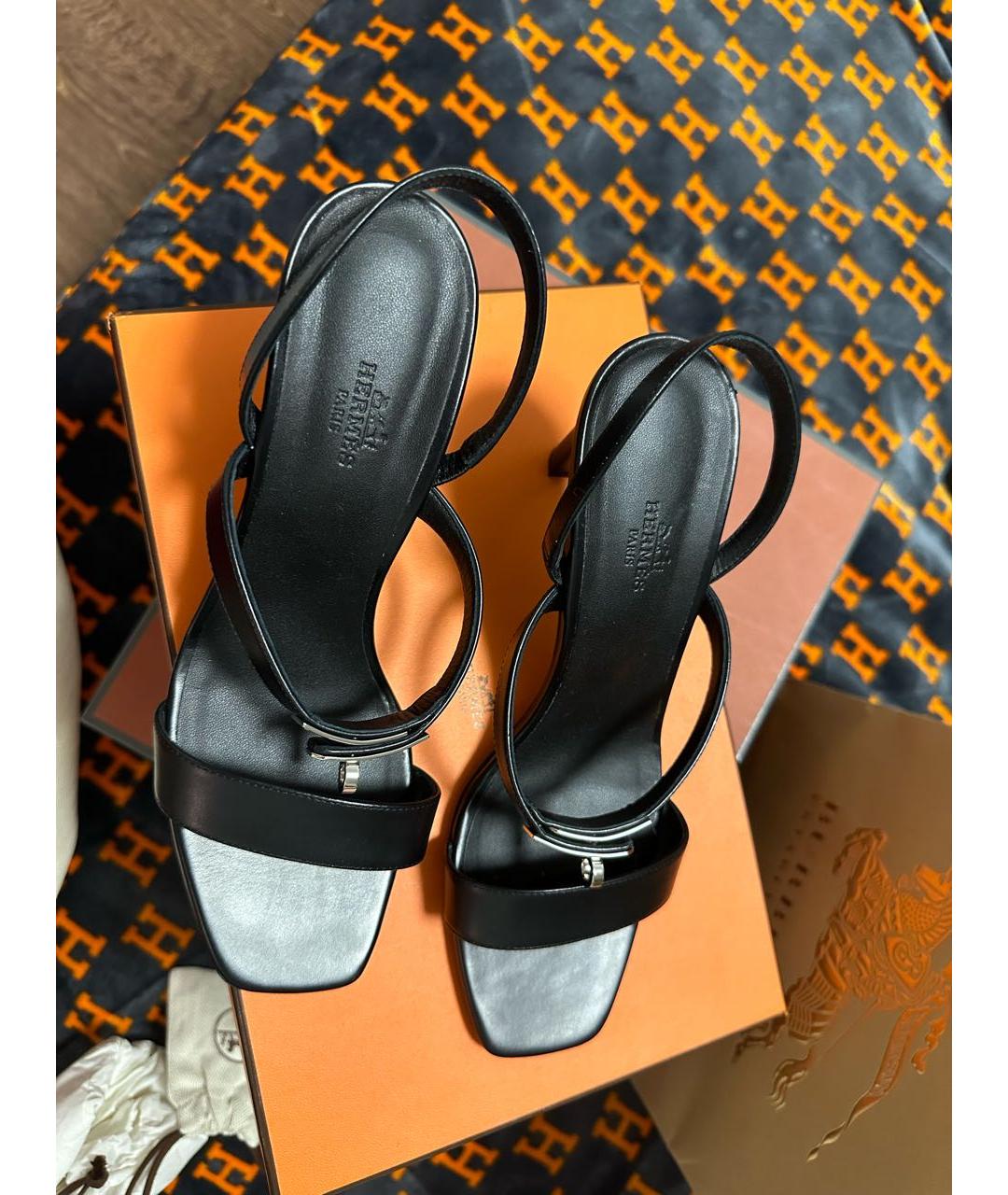 HERMES Черные кожаные босоножки, фото 8