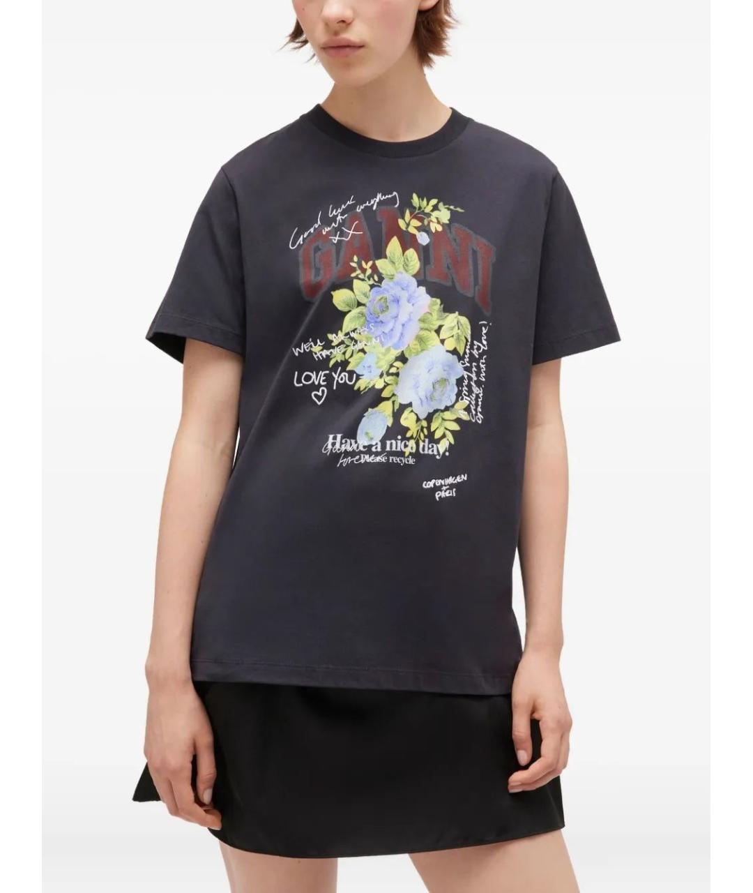 GANNI Черная хлопковая футболка, фото 3