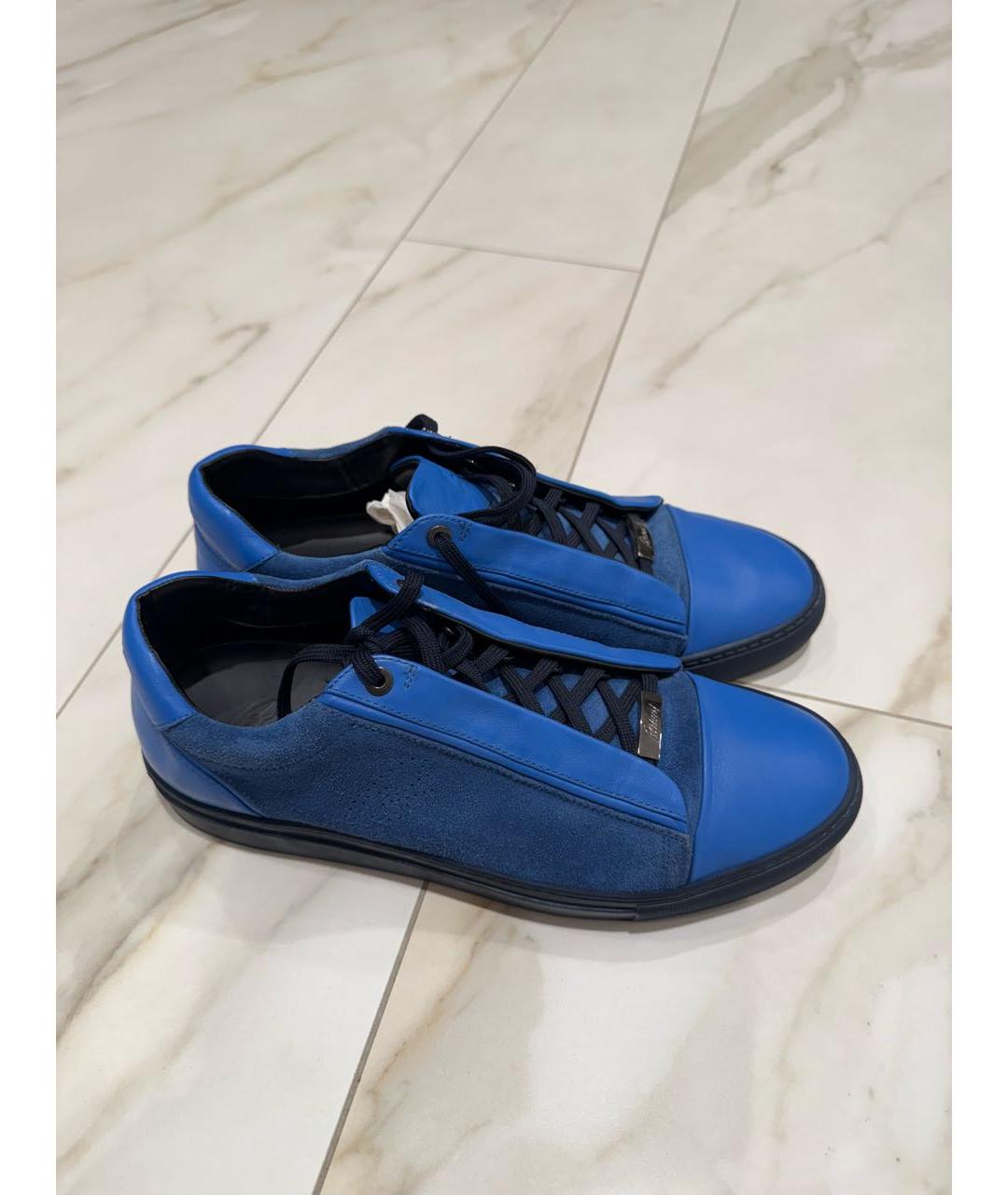 BRIONI Синие кожаные низкие кроссовки / кеды, фото 6