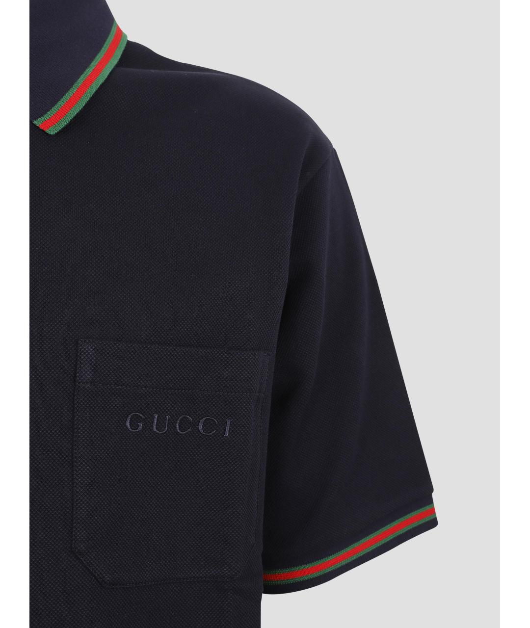 GUCCI Темно-синее хлопко-эластановое поло с коротким рукавом, фото 3