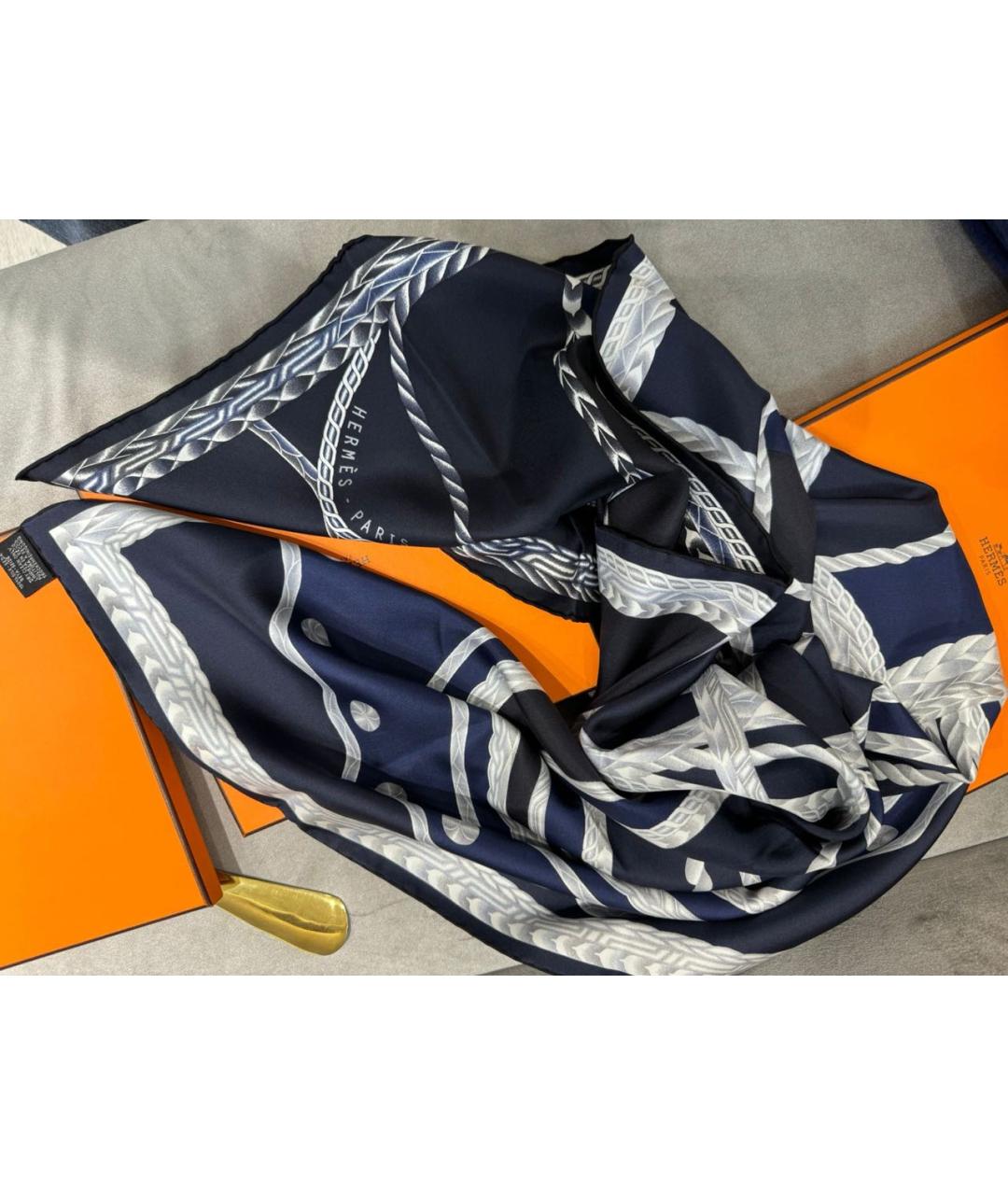 HERMES Темно-синий шелковый платок, фото 2