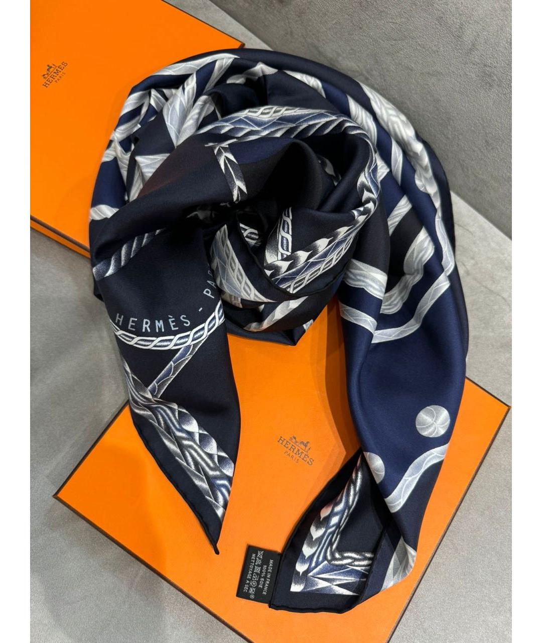 HERMES Темно-синий шелковый платок, фото 7
