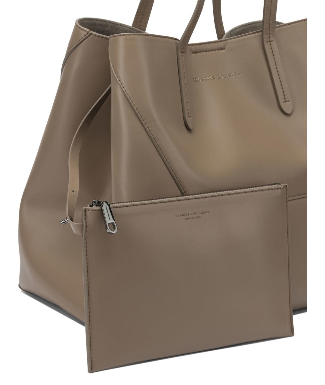 BRUNELLO CUCINELLI Бежевая кожаная сумка тоут, фото 4