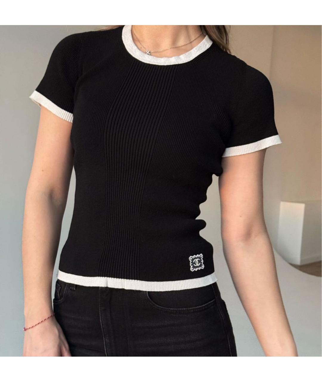 CHANEL Черная хлопко-эластановая футболка, фото 5