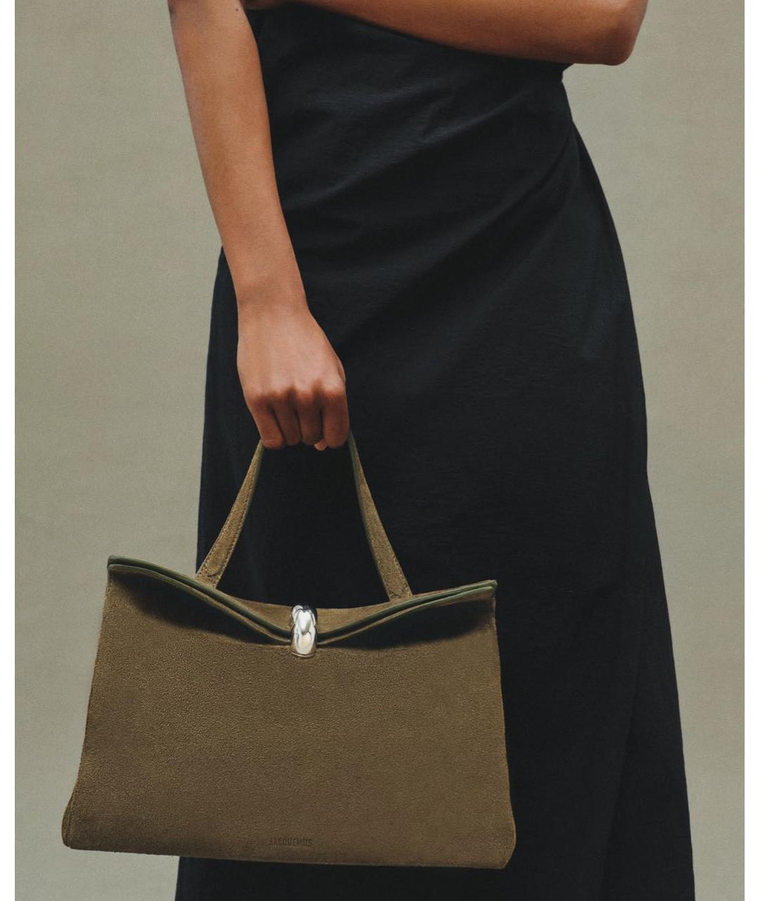 JACQUEMUS Хаки замшевая сумка тоут, фото 2