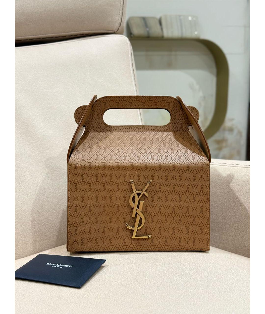 SAINT LAURENT Коричневая кожаная сумка с короткими ручками, фото 2