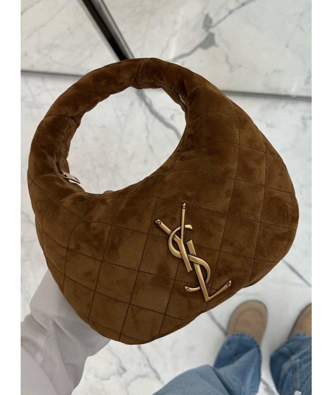 SAINT LAURENT Коричневая замшевая сумка с короткими ручками, фото 5