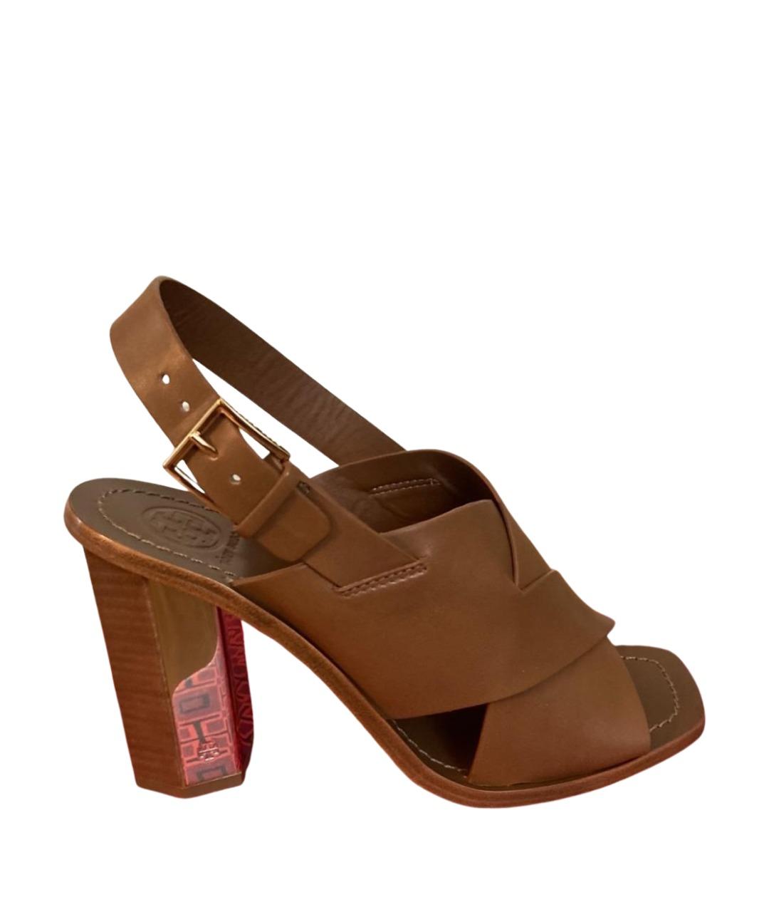 TORY BURCH Коричневые кожаные босоножки, фото 1
