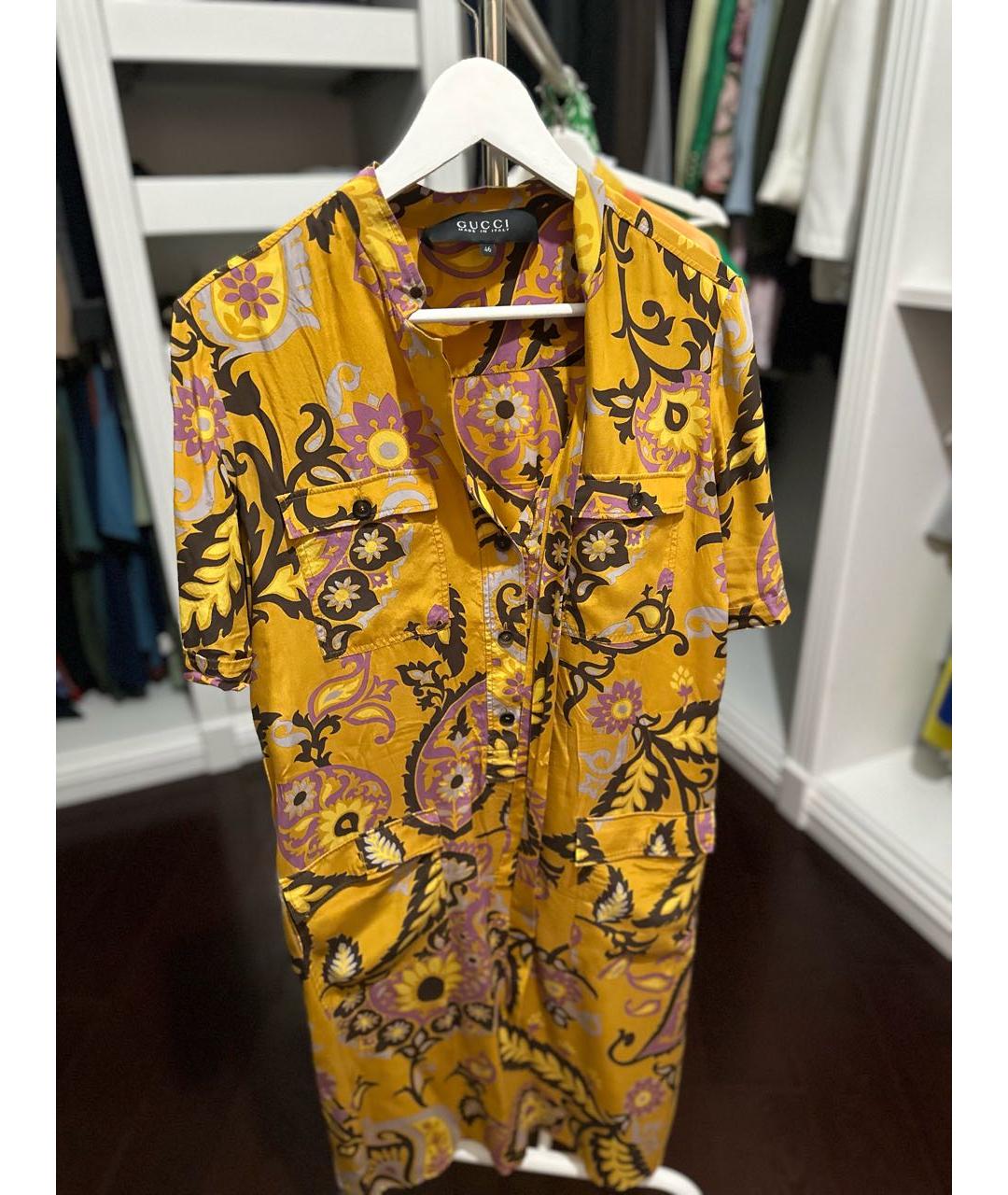 GUCCI Горчичное шелковое коктейльное платье, фото 3