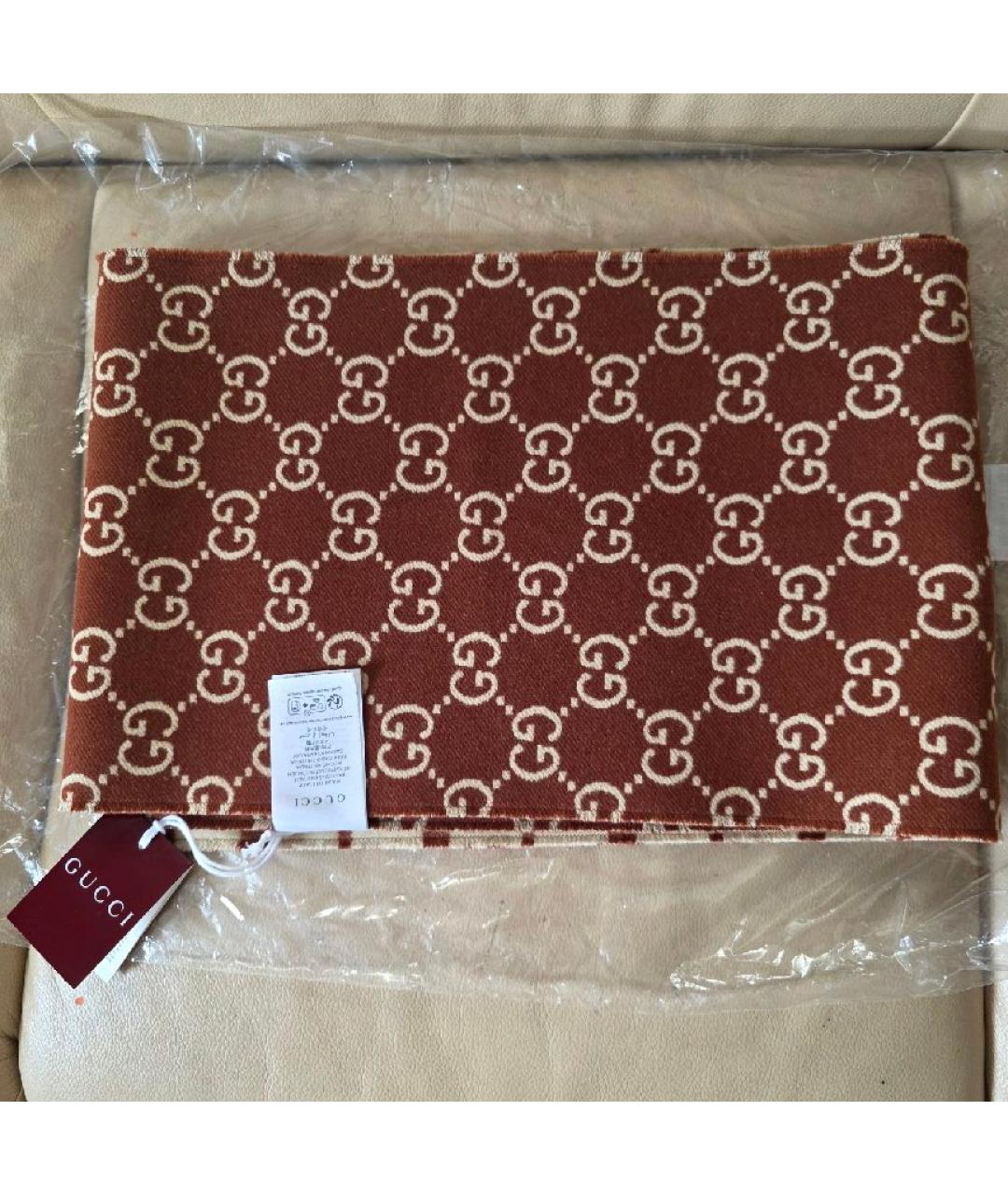 GUCCI Коричневый шерстяной шарф, фото 3