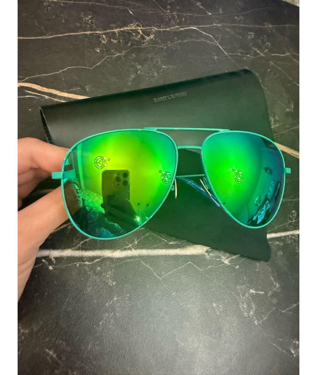 SAINT LAURENT Бирюзовые металлические солнцезащитные очки, фото 2